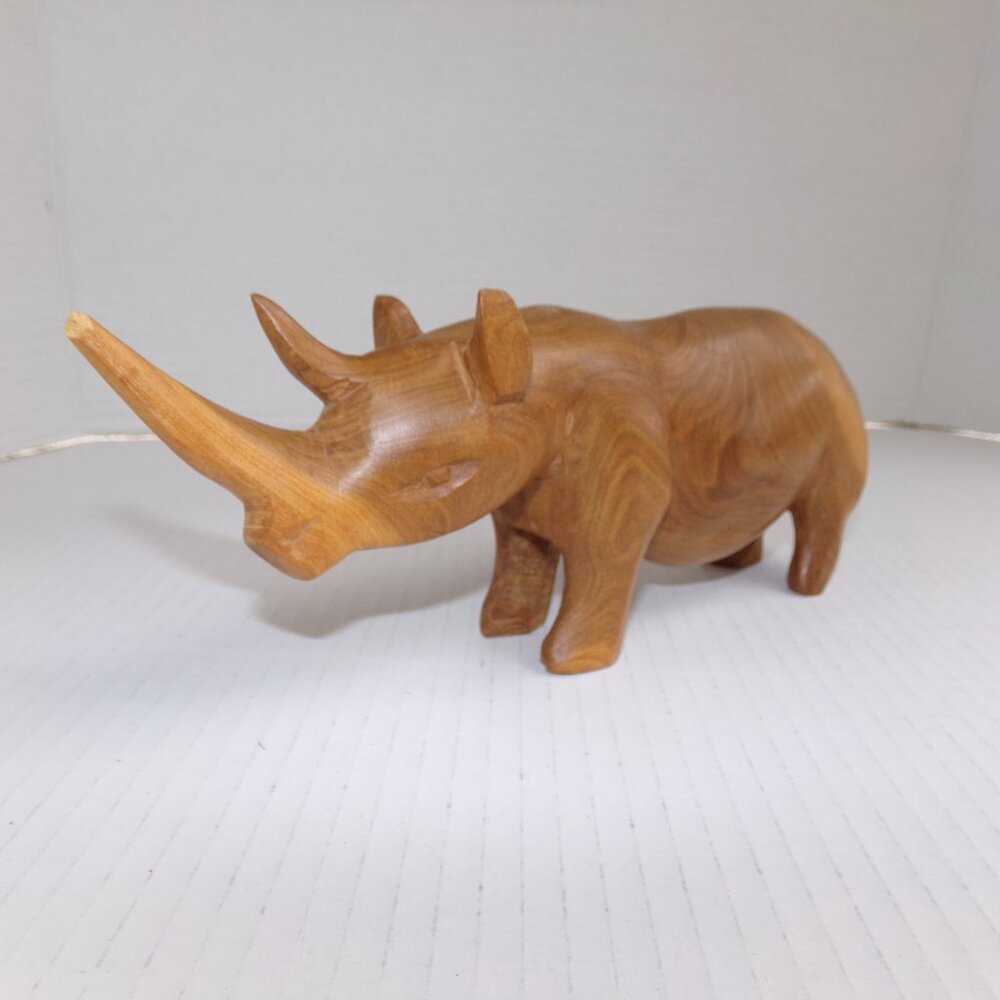 Vintage Hand Carved Wood Rhinoceros Smooth Wooden African Animal Safari